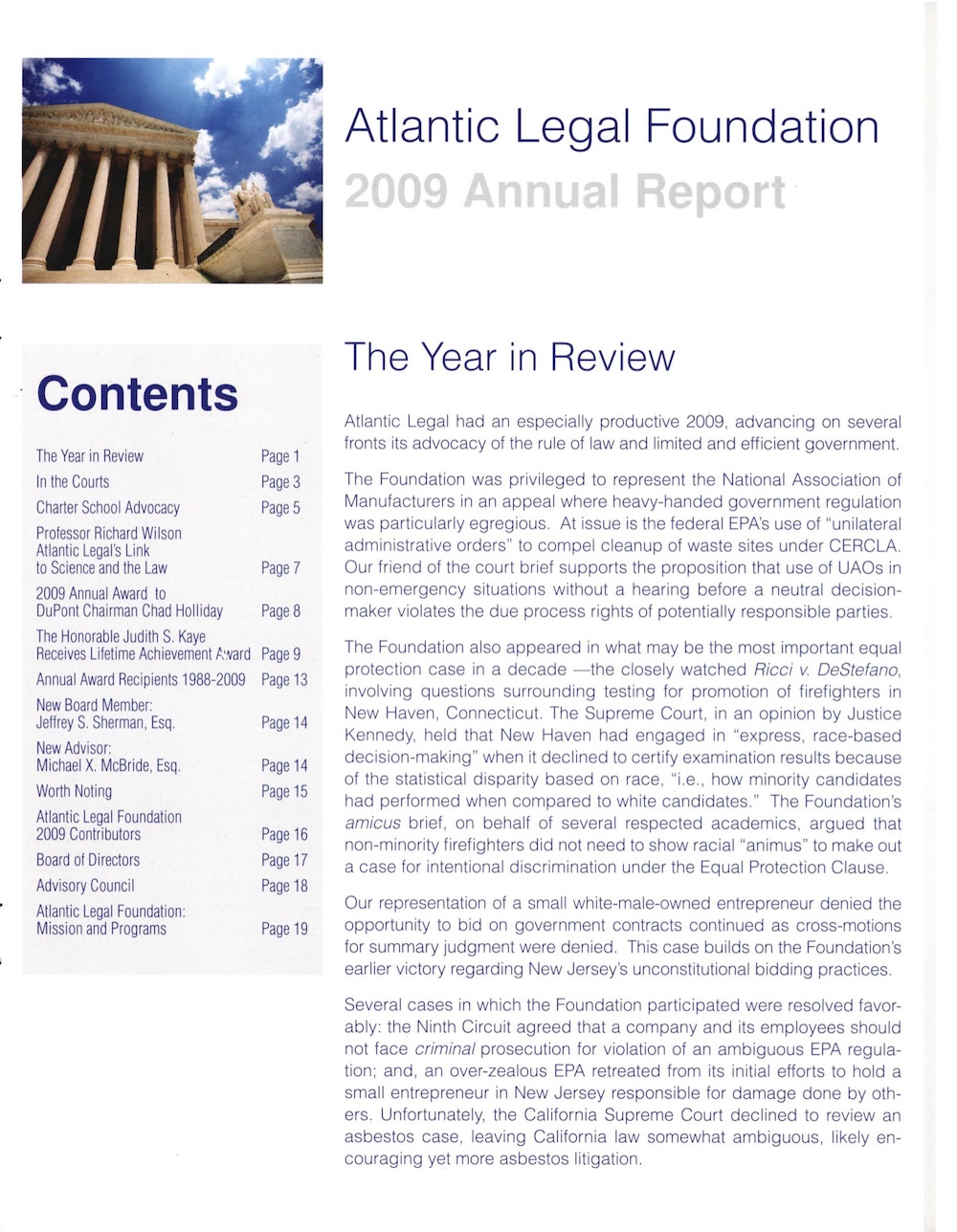 Cover of Atlantic Legal Foundation 2009 Annual Report