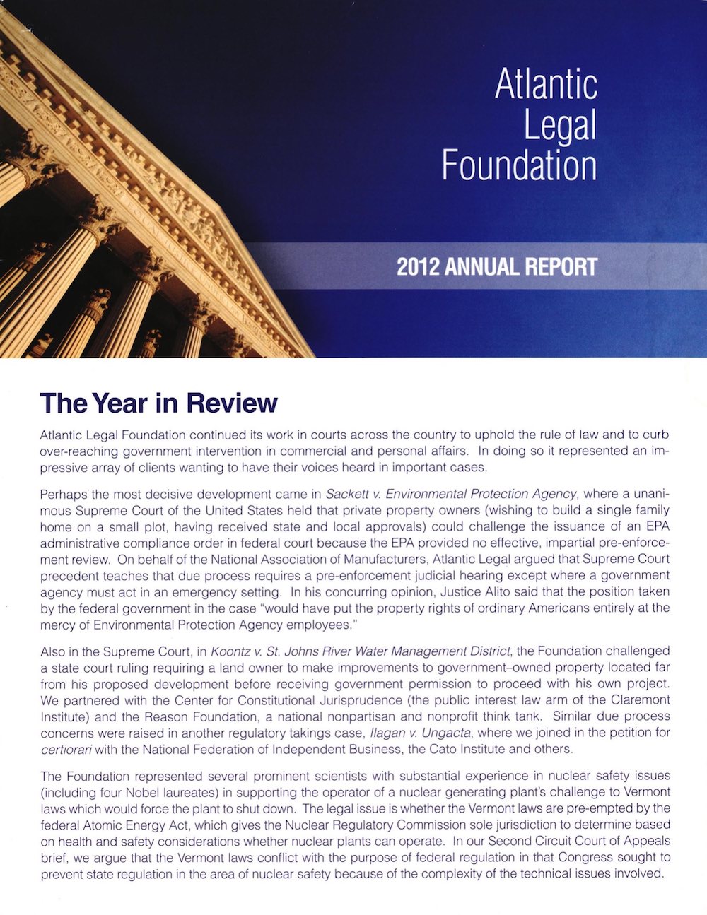 Cover of Atlantic Legal Foundation 2012 Annual Report